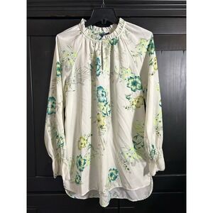 KAARI Blue Women's Large Ivory Blouse w/ Green Floral Pattern Button Keyhole (P)